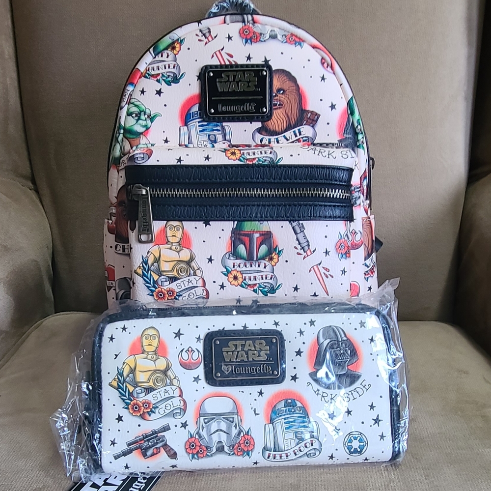 Loungefly Star Wars Flash Tattoo Mini Backpack & Wallet NWT - Boba Fett & C3PO